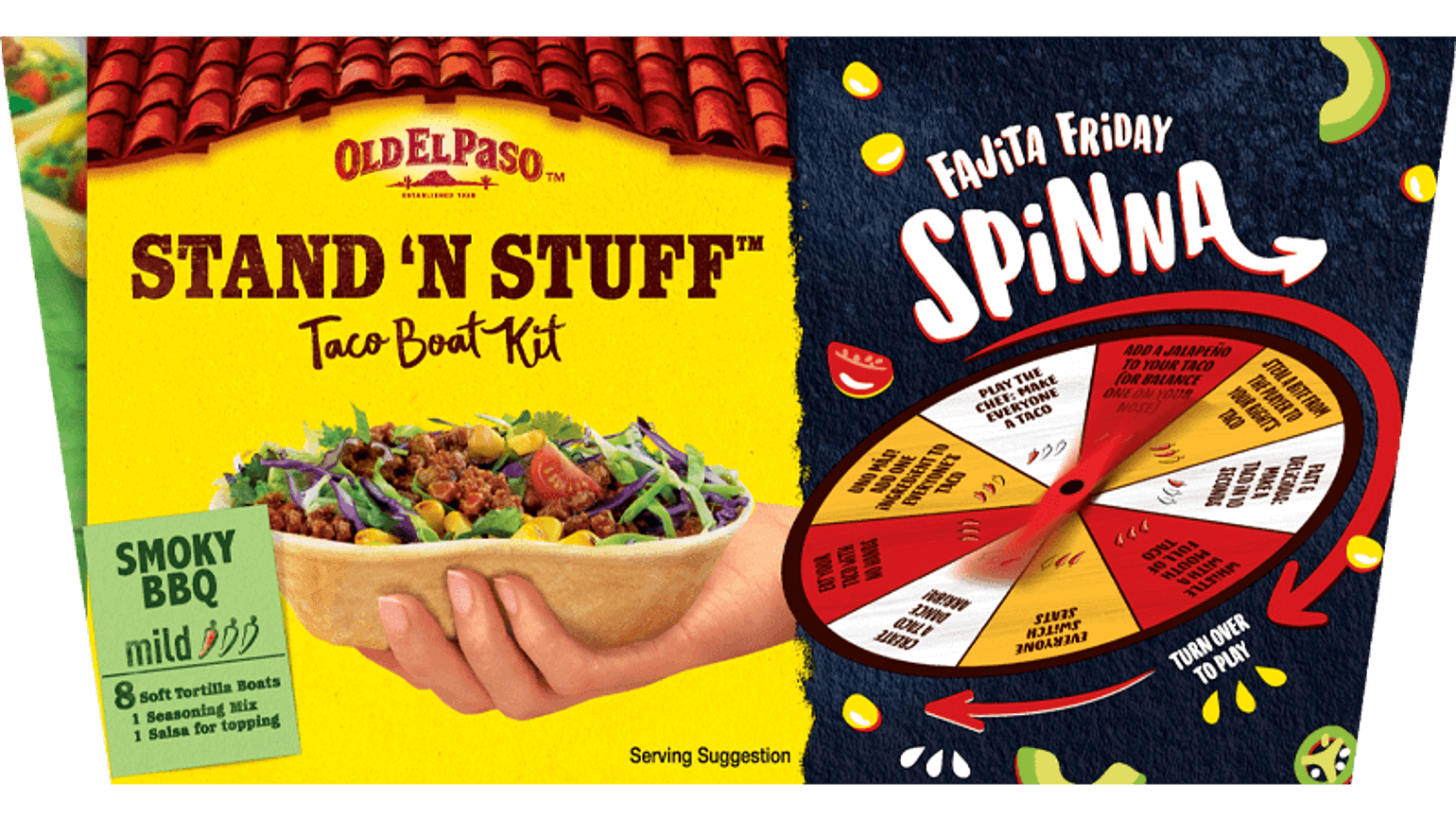 pack of Old El Paso's mild stand n stuff smoky bbq taco kit containing taco boats, seasoning mix & salsa